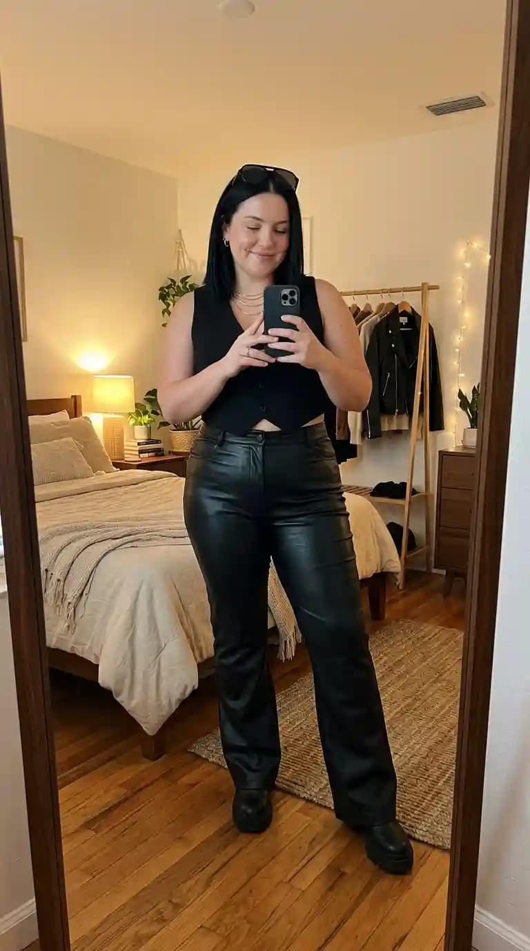 Black Button-Front Vest + Black Faux Leather Pants