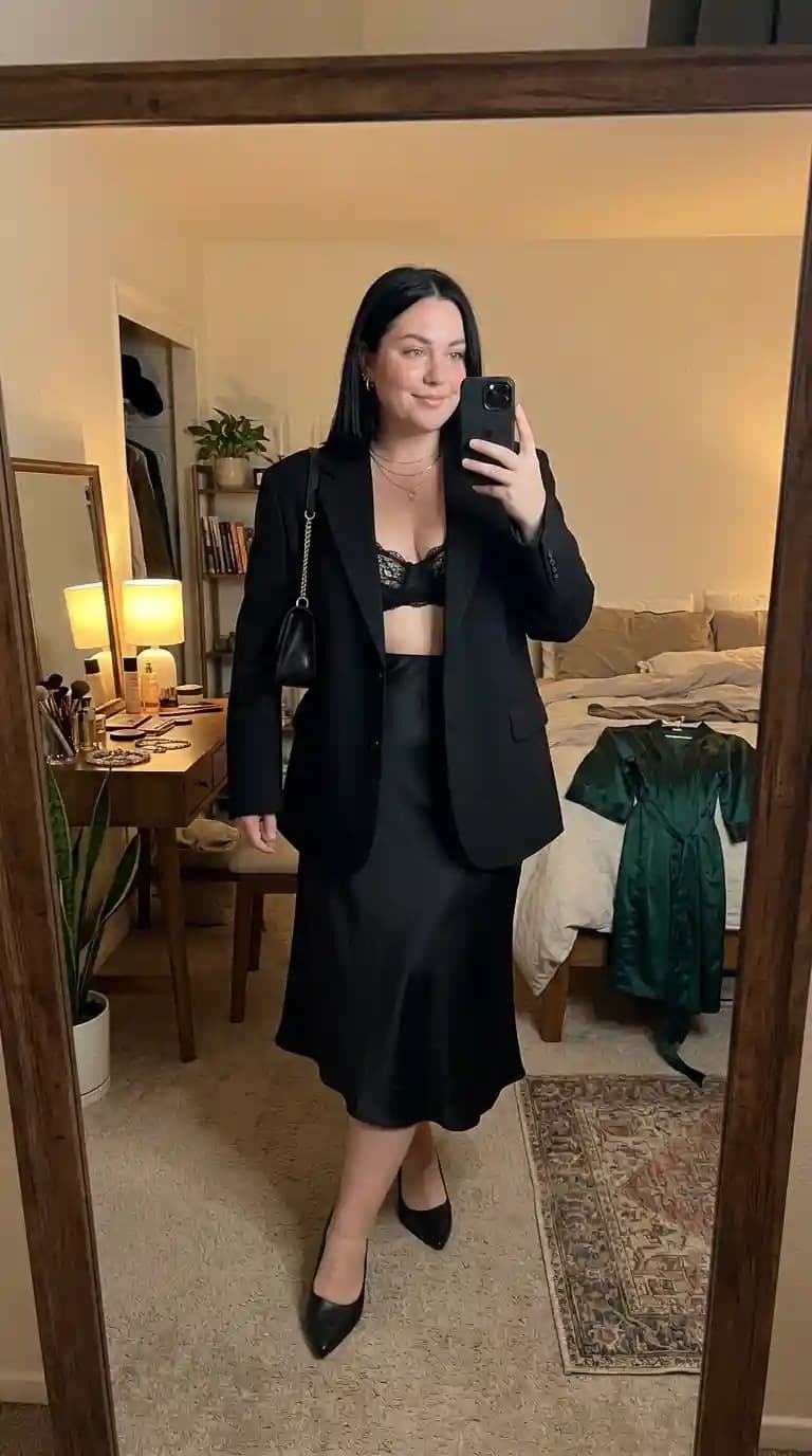 Oversized Black Blazer + Black Lace Bralette + Black Satin Slip Skirt