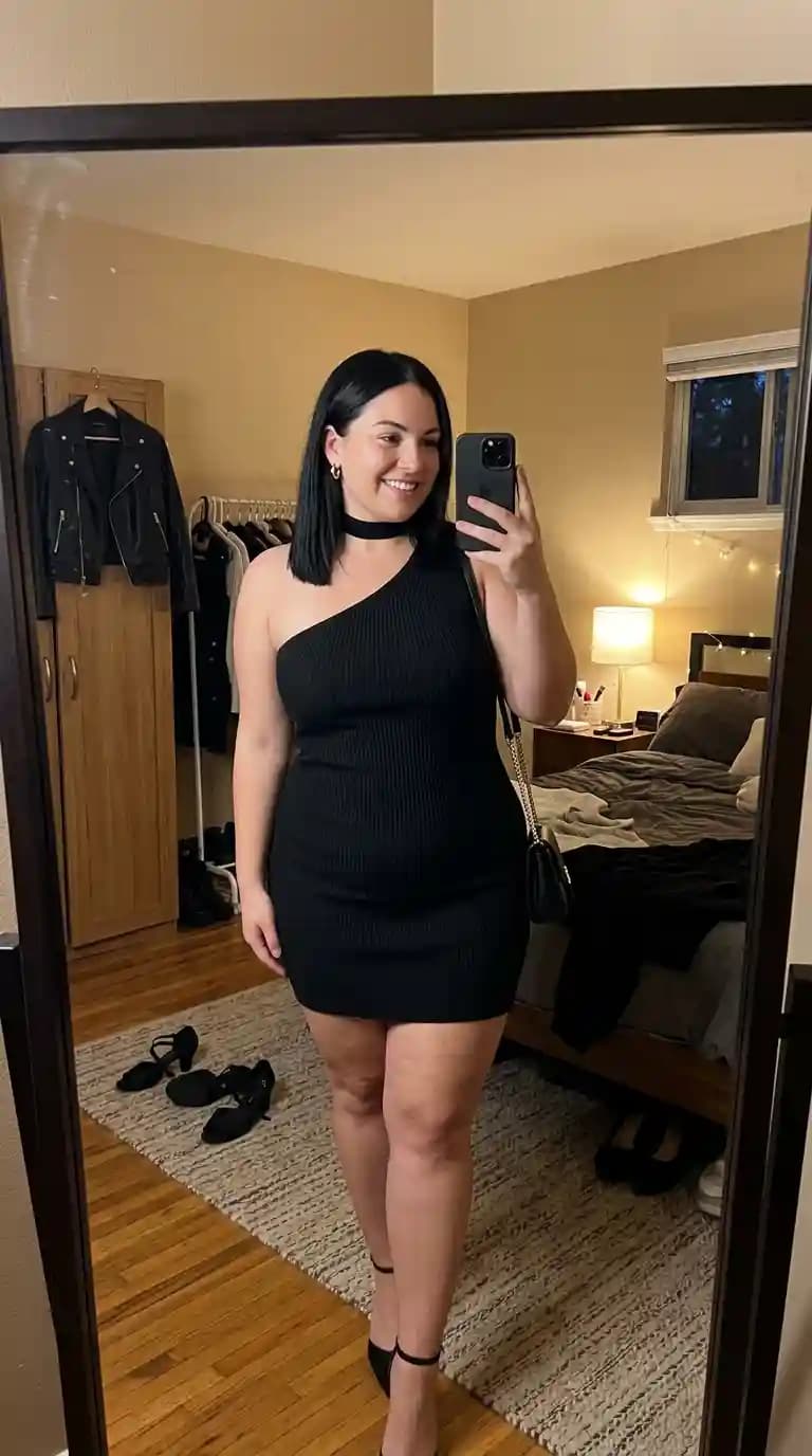 Black Ribbed One-Shoulder Mini Dress