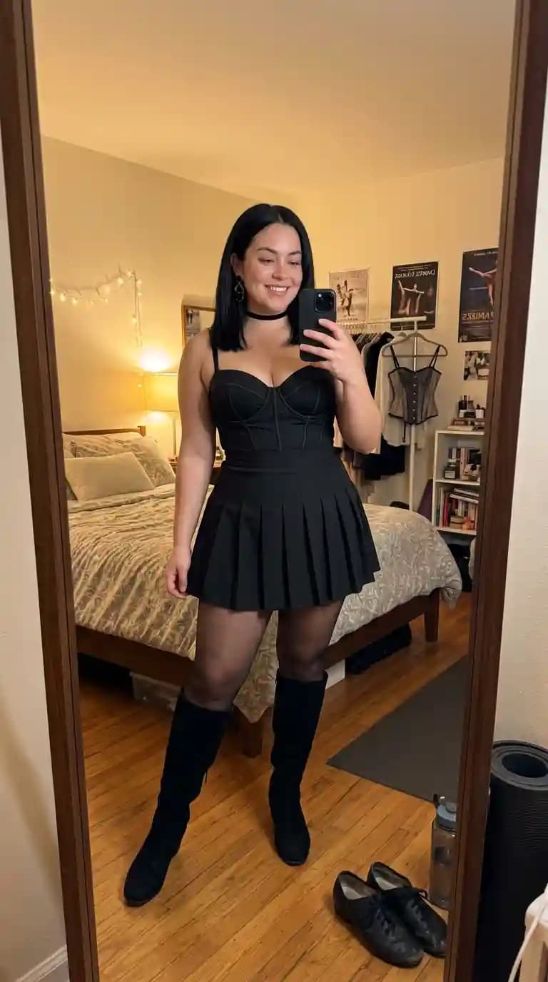 Black Structured Corset Top + Black Pleated Mini Skirt