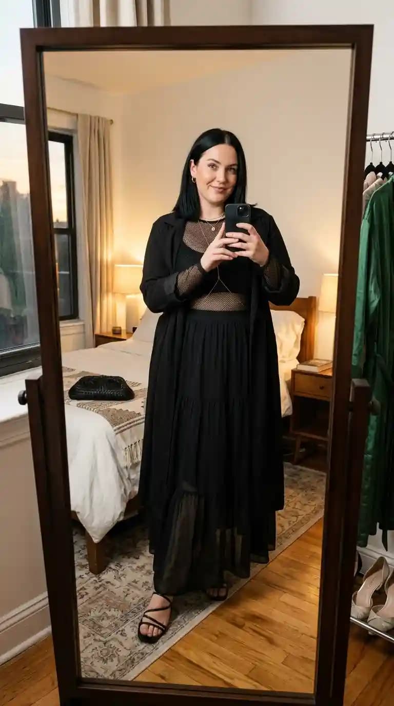 Black Sheer Mesh Duster + Black Mesh Bodysuit + Black Tiered Maxi Skirt