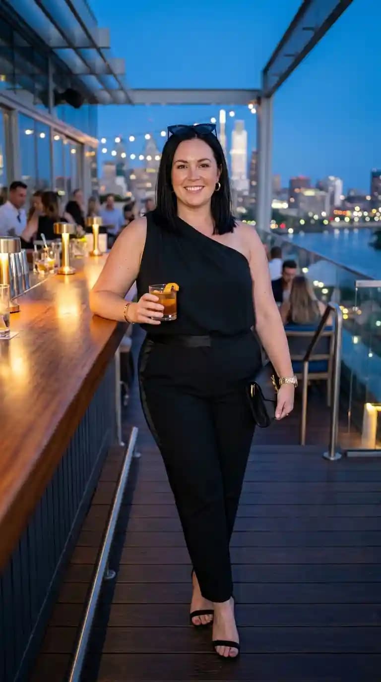 Black One-Shoulder Top + Black Tailored Trousers