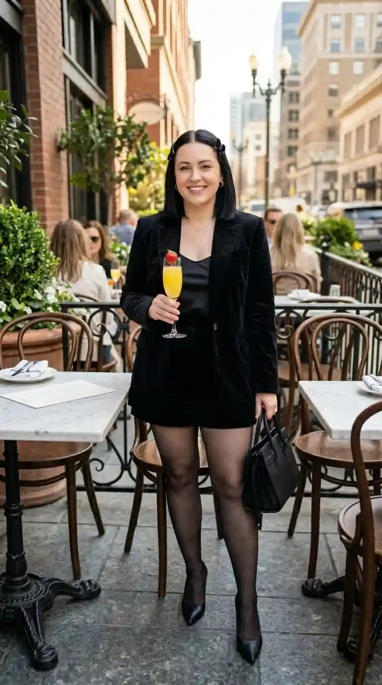 Black Velvet Blazer + Black Satin Camisole + Black Velvet Shorts