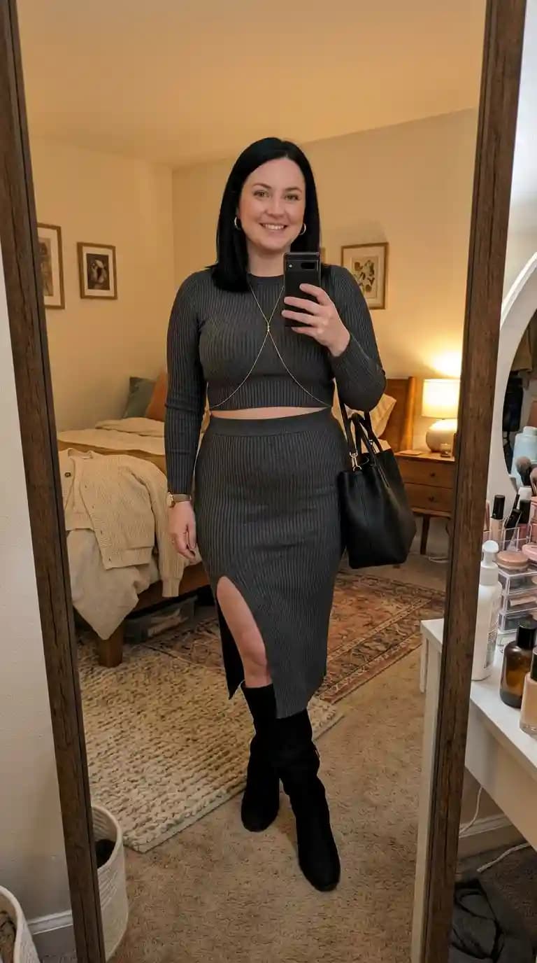 Dark Grey Ribbed Crop Top + Dark Grey Ribbed Midi Skirt
