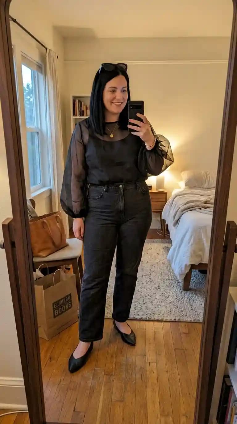Black Sheer Puff-Sleeve Blouse + Black Tank Top + Black Straight-Leg Jeans