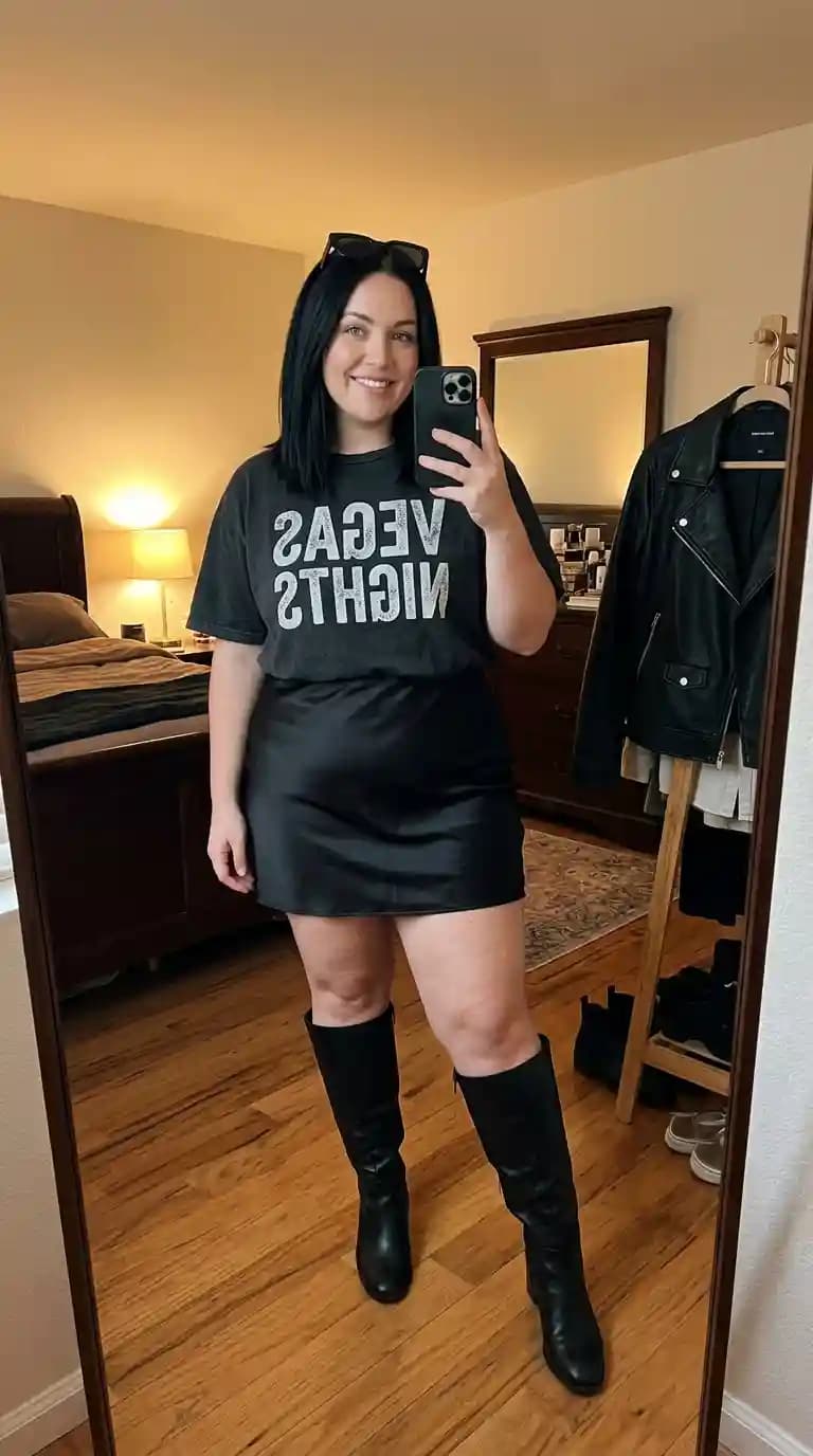 Black Graphic T-Shirt + Black Satin Slip Mini Skirt
