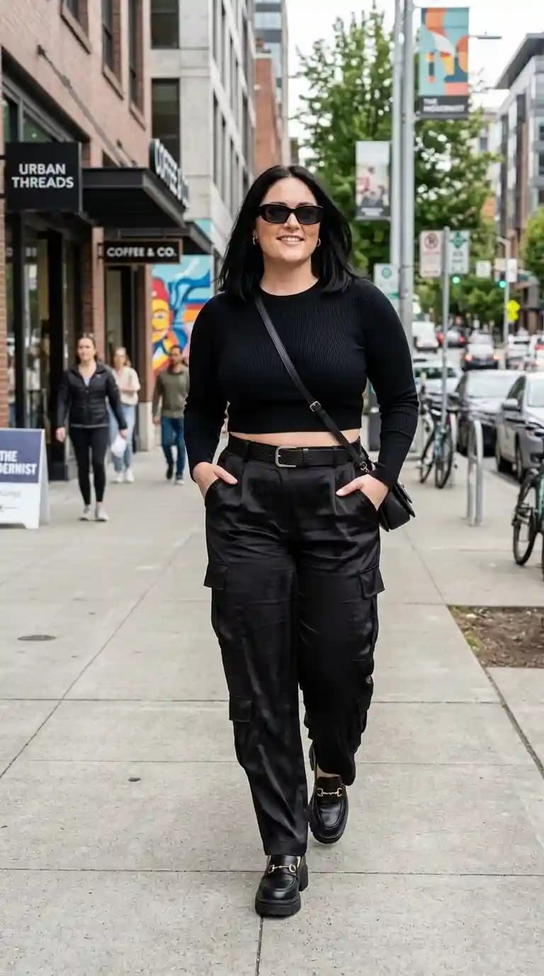 Black Ribbed Crop Top + Black Faux Leather Cargo Pants