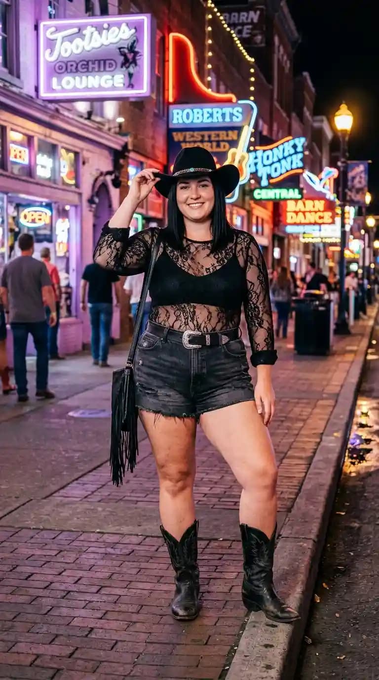 Black Sheer Lace Top + Black Distressed Denim Shorts