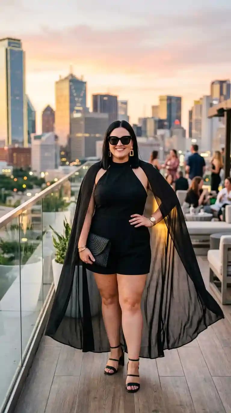Black Halter Romper + Floor-Length Sheer Black Cape