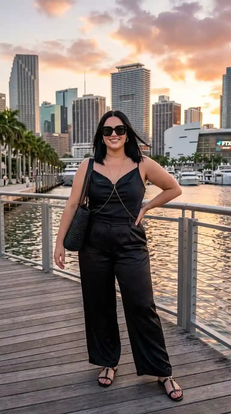 Black Satin Camisole + Black Satin Wide-Leg Pants