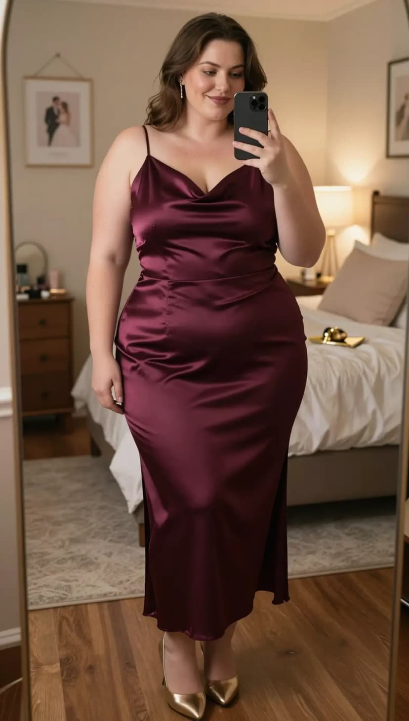 Burgundy Satin Slip Dress + Gold Pointed Toe Heels