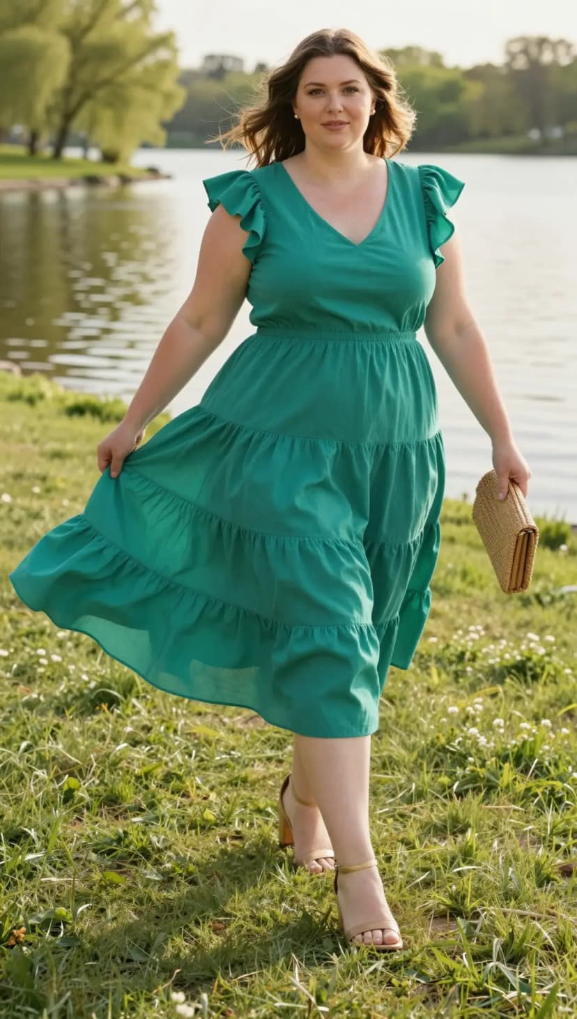 Green Cotton Tiered Midi Dress