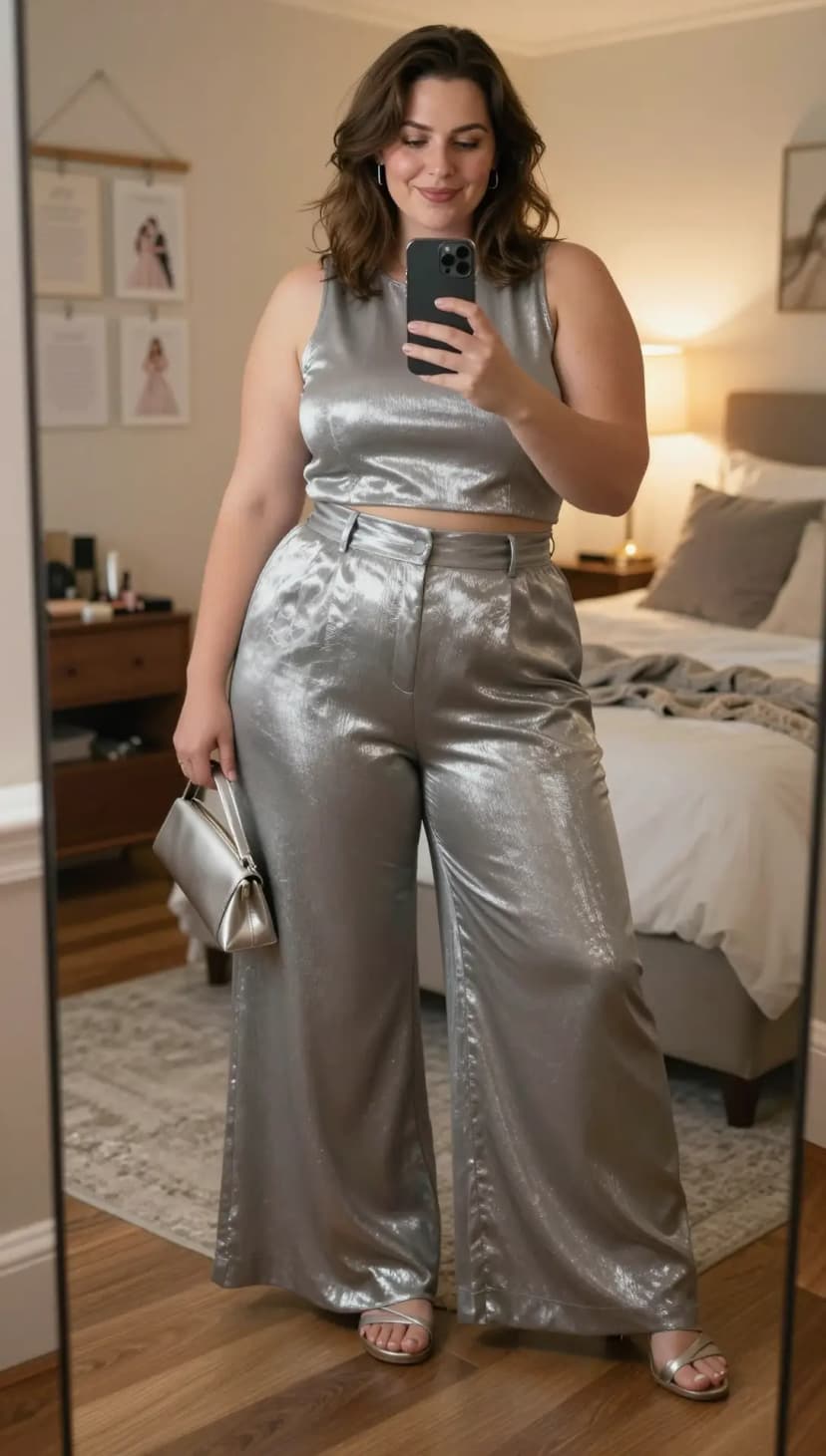 Silver Metallic Tank Top + Silver Metallic Wide-Leg Pants