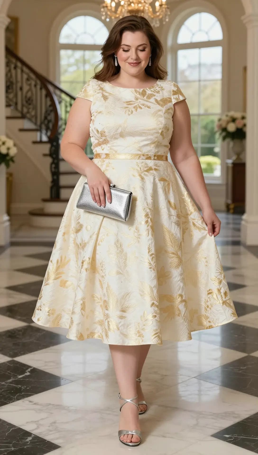Ivory Brocade Fit-and-Flare Dress + Silver Strappy Heels + Silver Clutch
