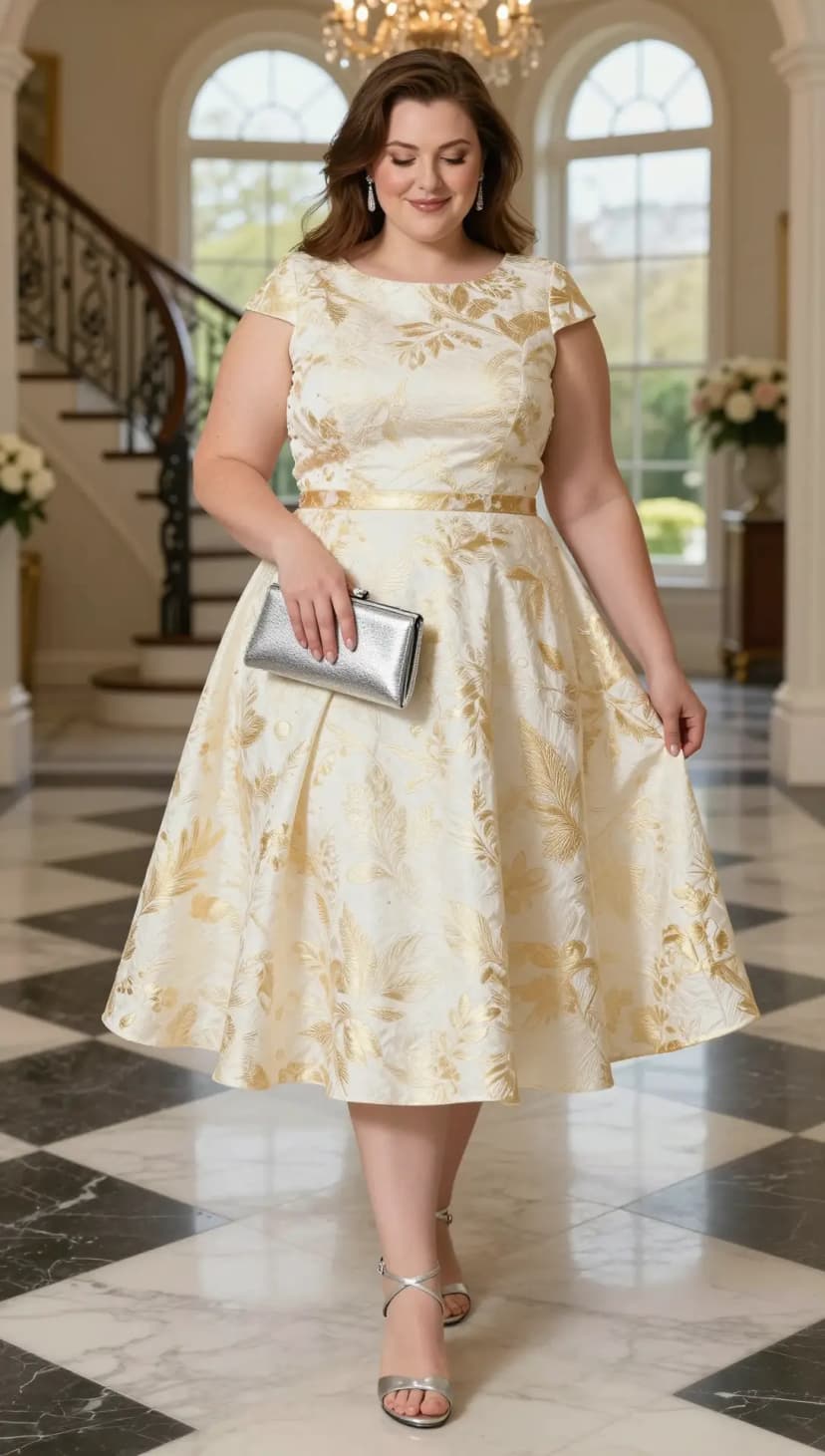 Ivory Brocade Fit-and-Flare Dress + Silver Strappy Heels + Silver Clutch