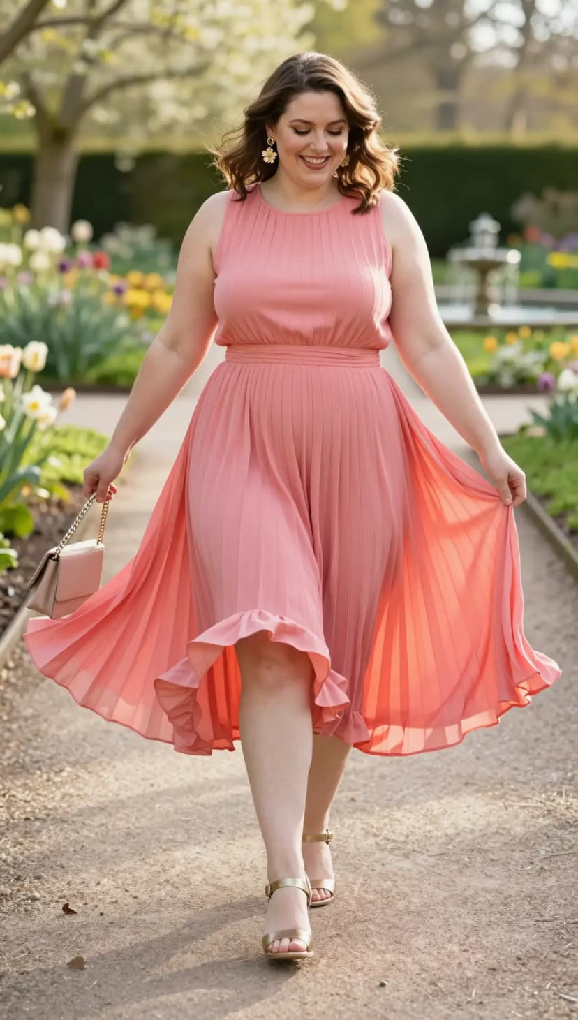 Coral Chiffon Pleated Dress + Gold Strappy Heeled Sandals + Blush Pink Chain Shoulder Bag