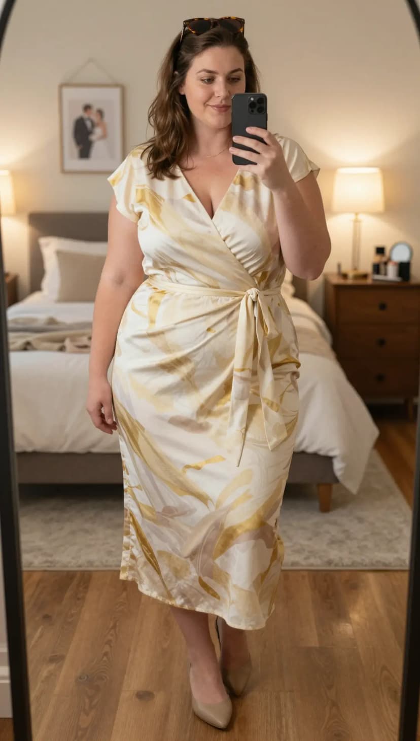 Cream Abstract Print Wrap Dress + Nude Pointed Toe Heels