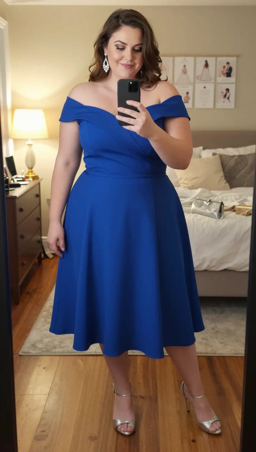 Cobalt Blue Off-the-Shoulder Ponte Dress + Silver Strappy Heels