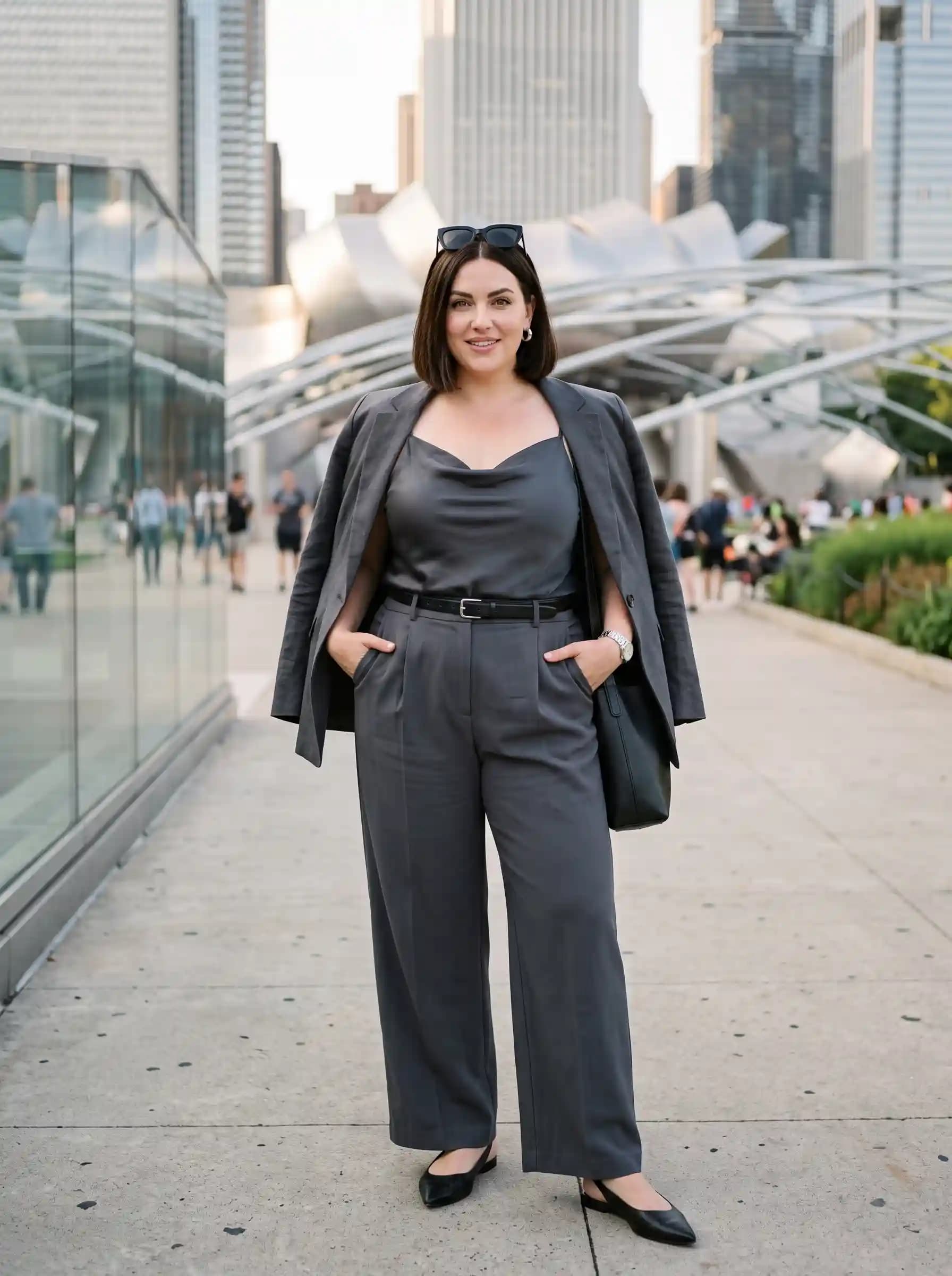 Dark Grey Blazer + Grey Satin Cami + Grey Wide-Leg Trousers