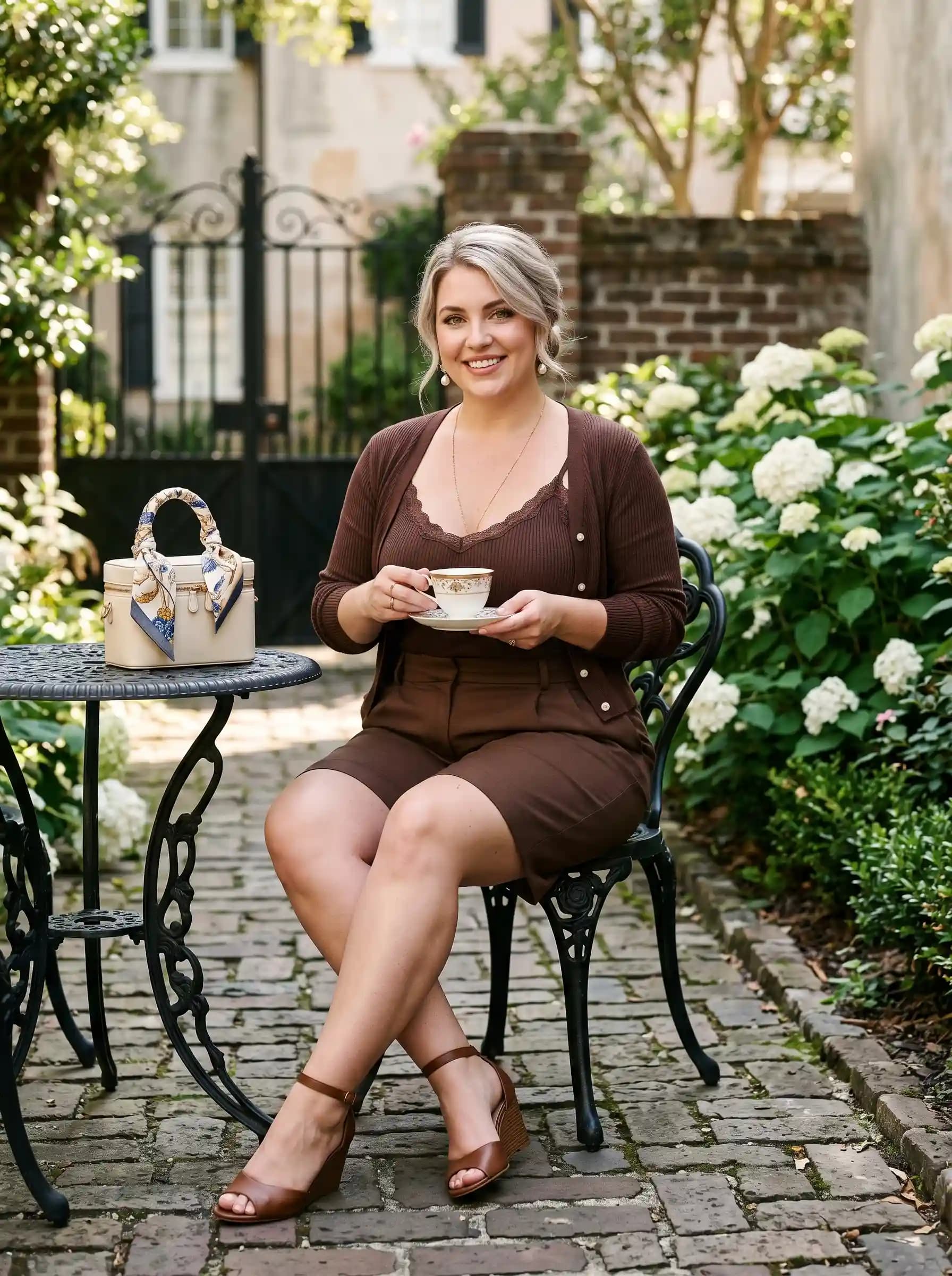 Dark Brown Ribbed Cardigan + Brown Lace-Trim Cami + Brown Shorts