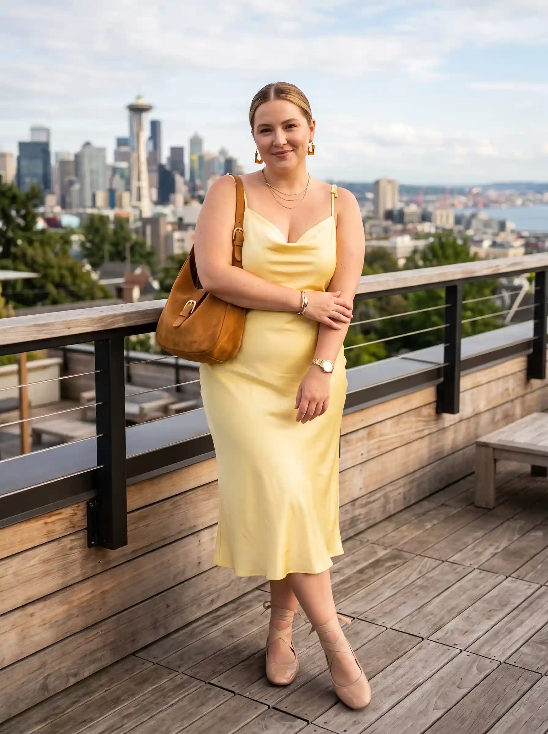 Pale Yellow Satin Slip Dress + Nude Ballet Flats