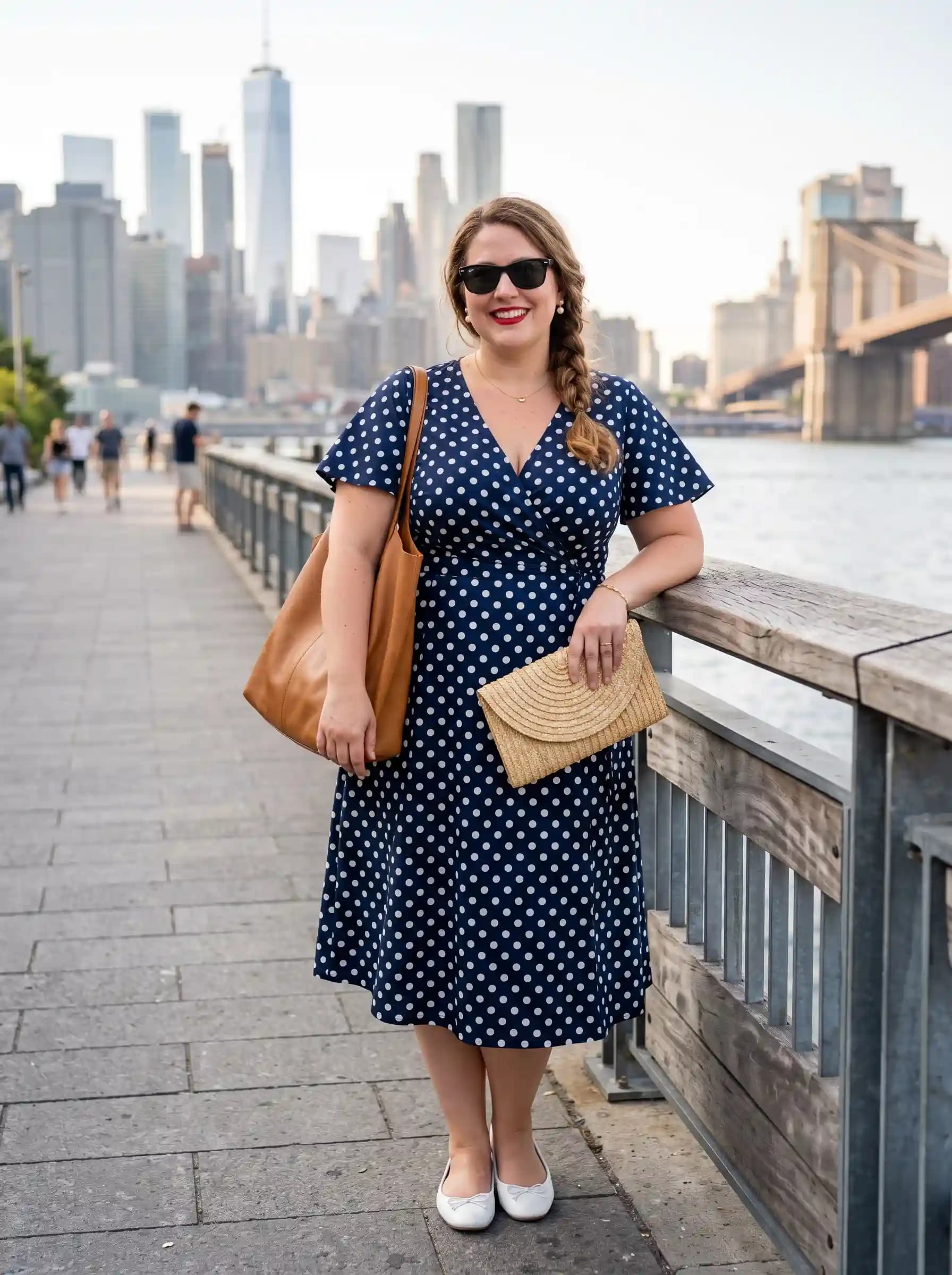 Navy Polka Dot Wrap Dress + White Ballet Flats