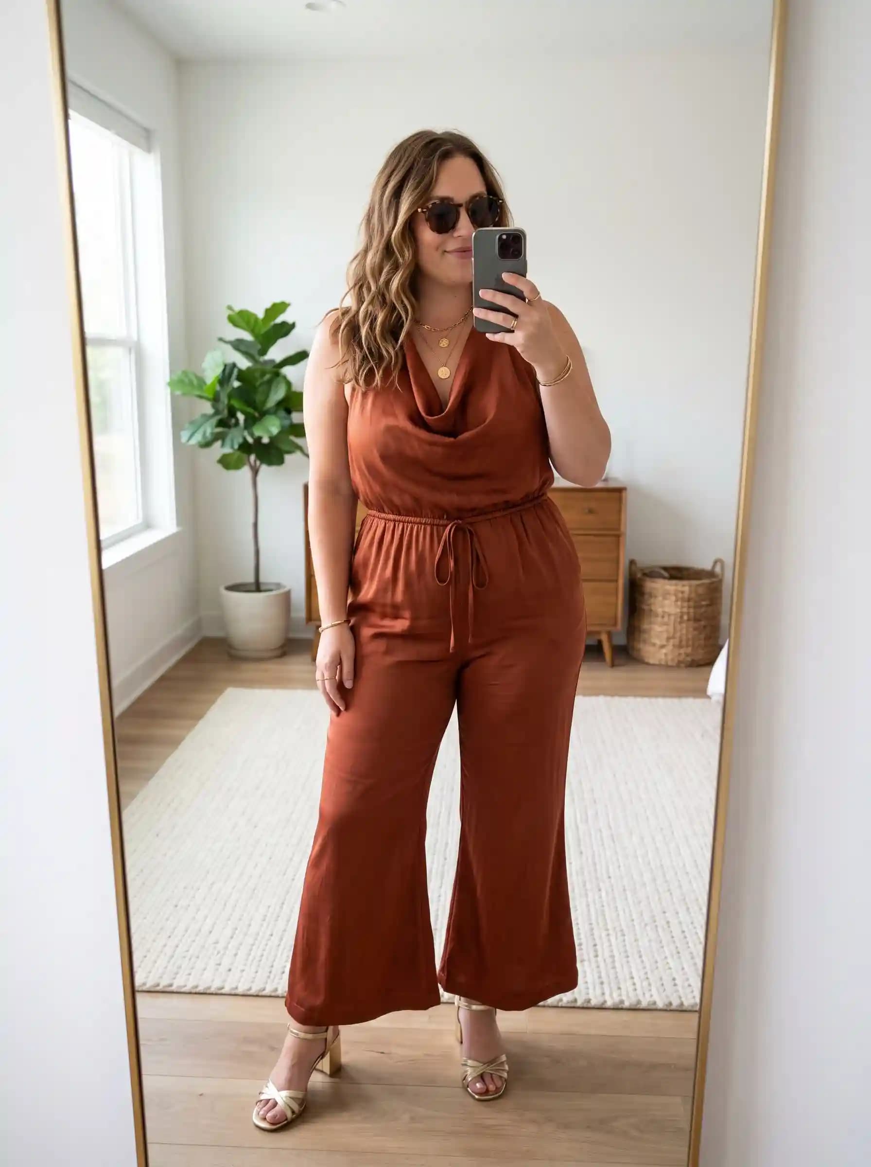 Rust Satin Cowl-Neck Jumpsuit + Gold Strappy Heels