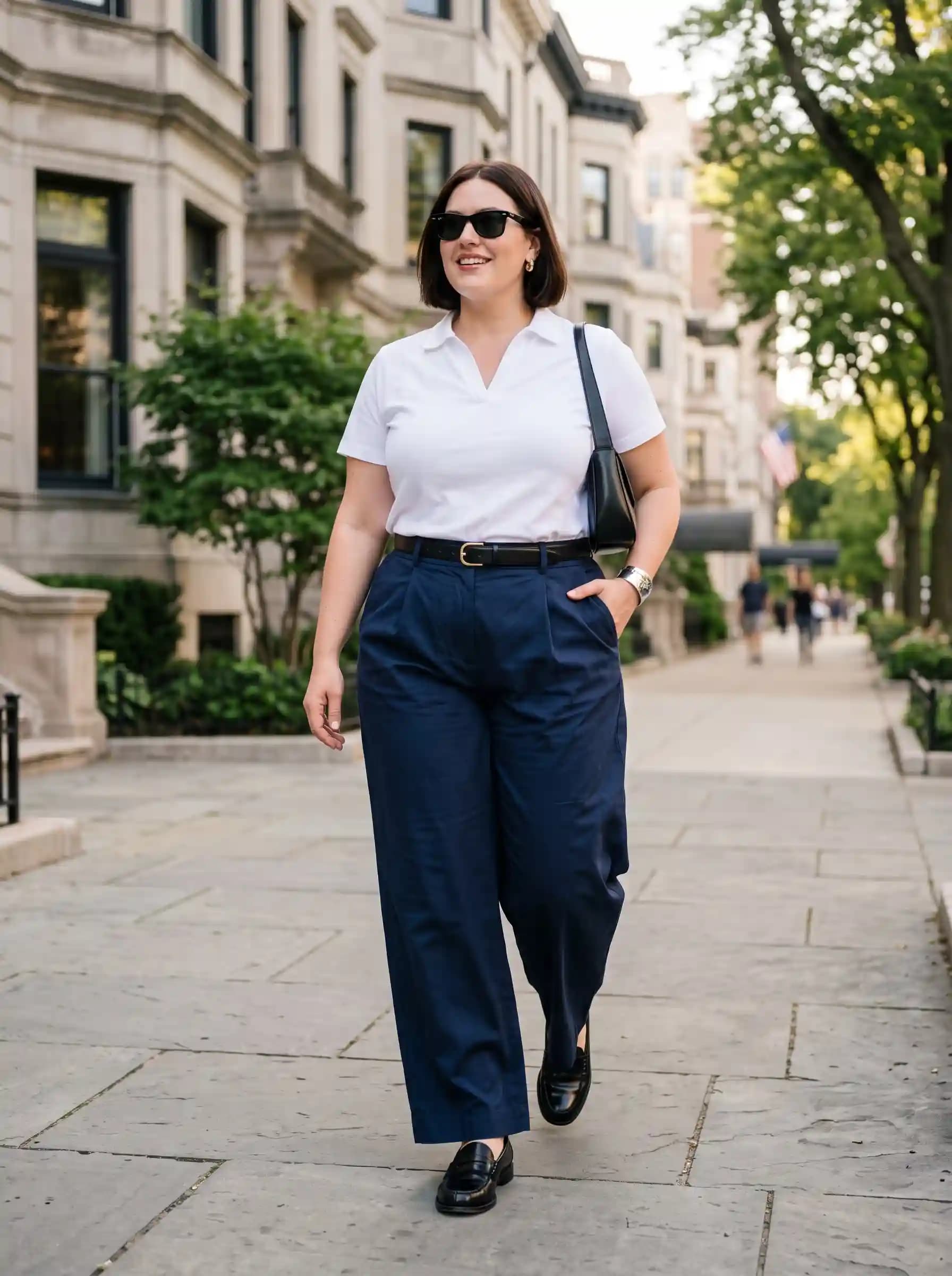 White V-Neck Polo Top + Navy Wide-Leg Pleated Trousers