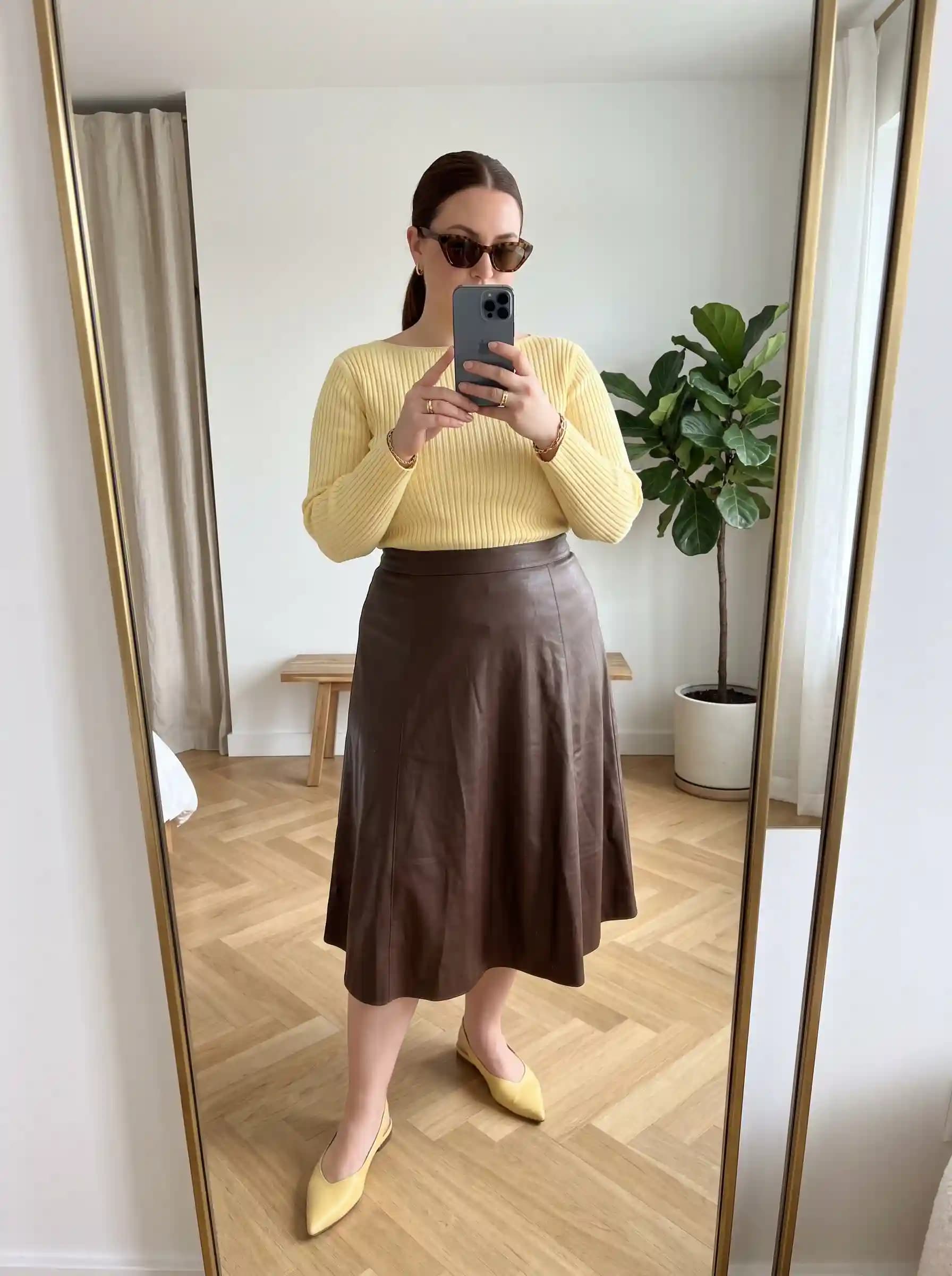 Yellow Ribbed Sweater + Brown Leather A-Line Midi Skirt