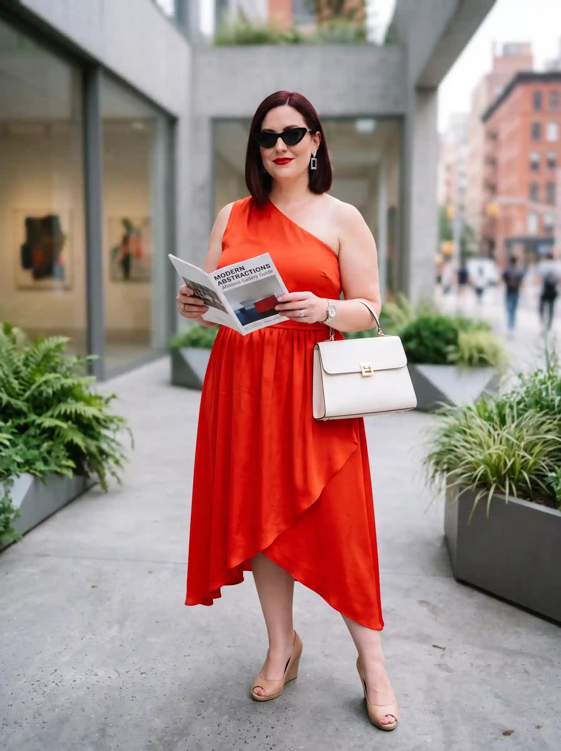 Orange-Red One-Shoulder Satin Midi Dress