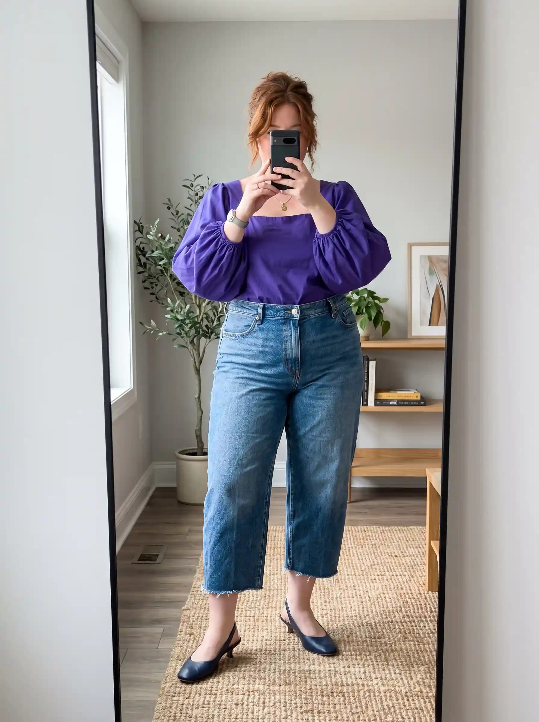Purple Puff Sleeve Top + Light Wash Cropped Wide-Leg Jeans