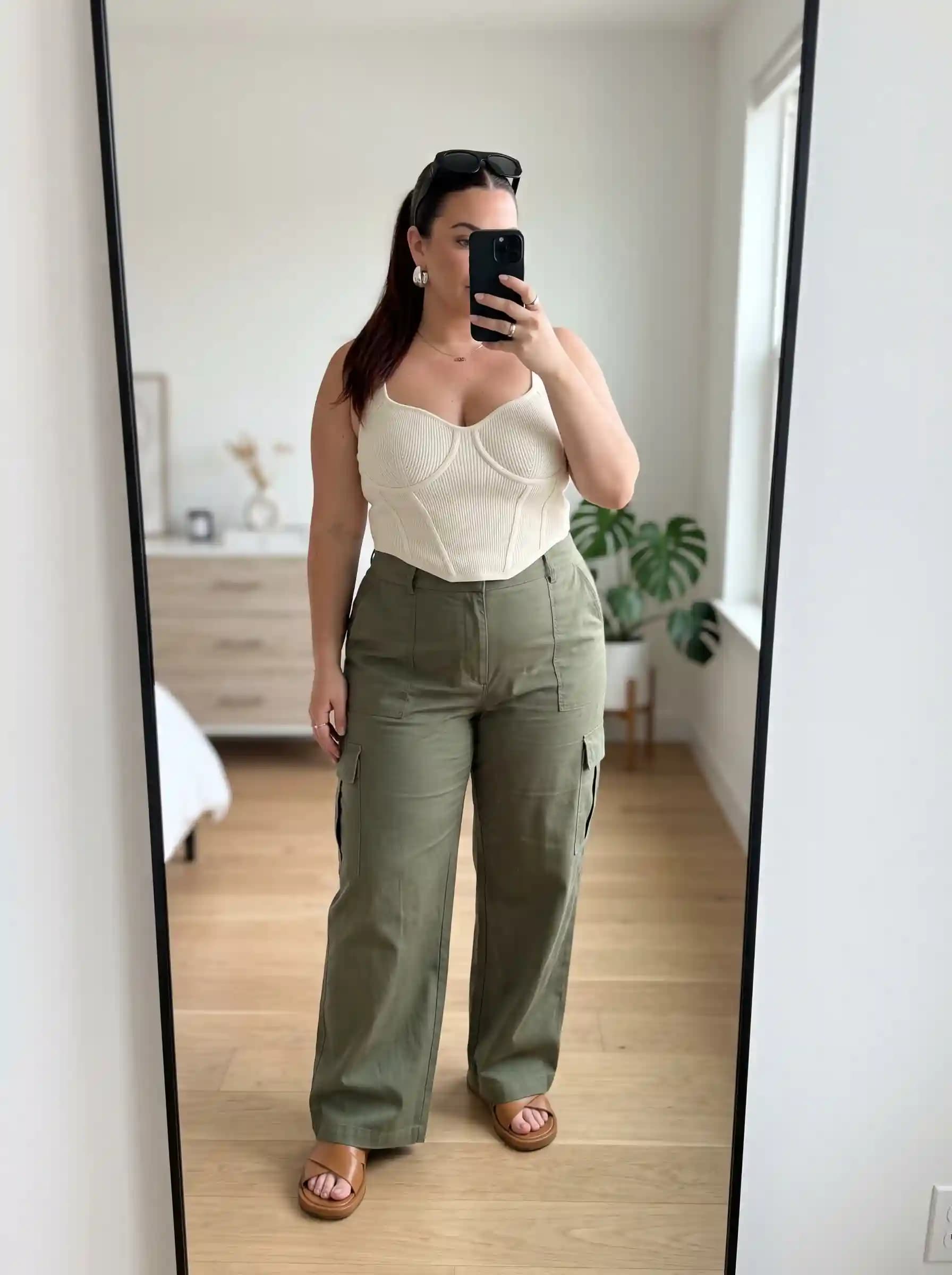 Cream Ribbed Bustier Tank + Olive Green Cargo Pants
