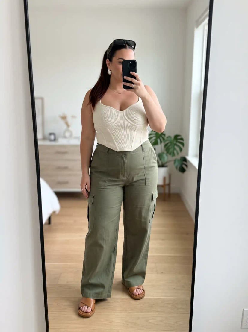 Cream Ribbed Bustier Tank + Olive Green Cargo Pants