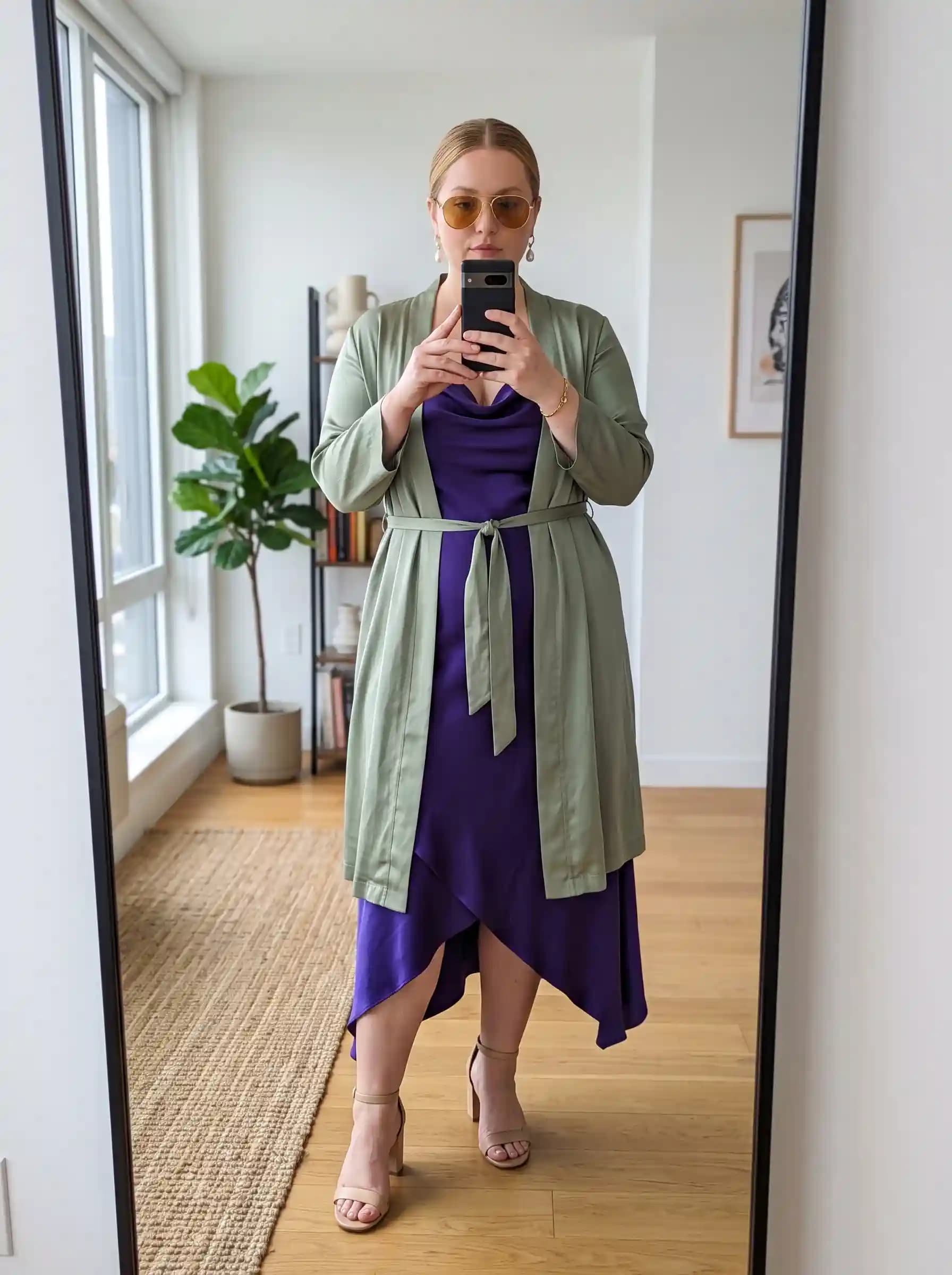 Sage Green Duster + Purple Satin Cowl-Neck Dress