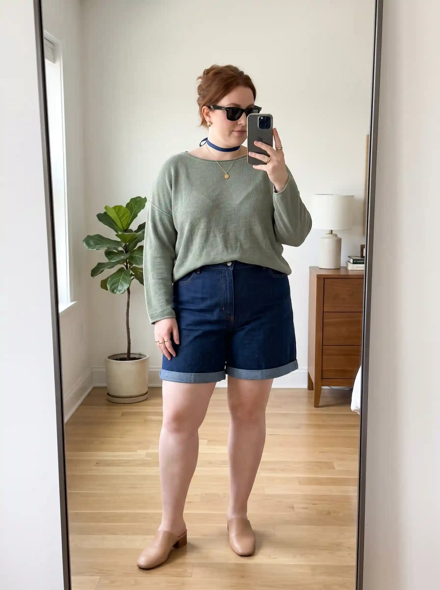 Sage Green Ribbed Sweater + Dark Wash Denim Shorts