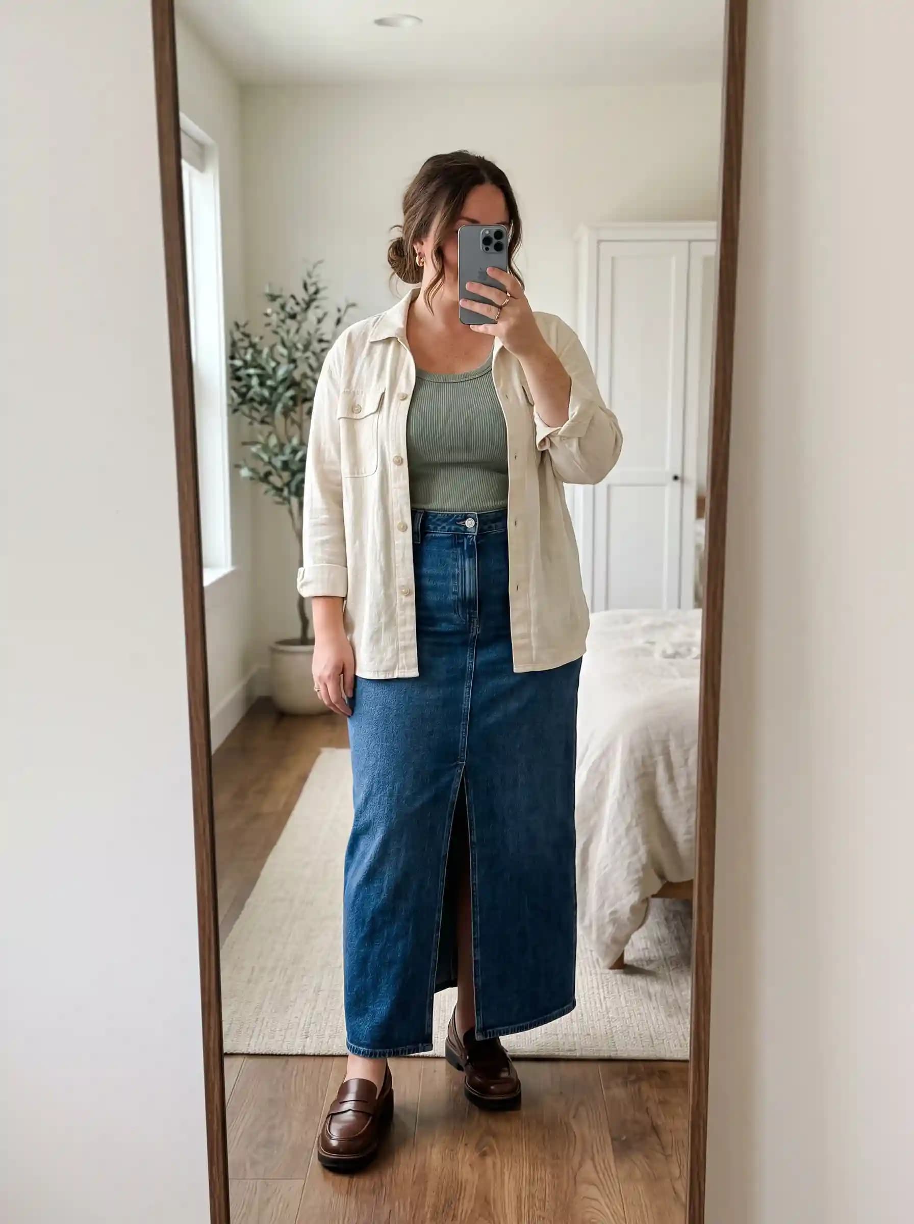 Olive Green Ribbed Tank + Cream Button-Up Layer + Denim Maxi Skirt