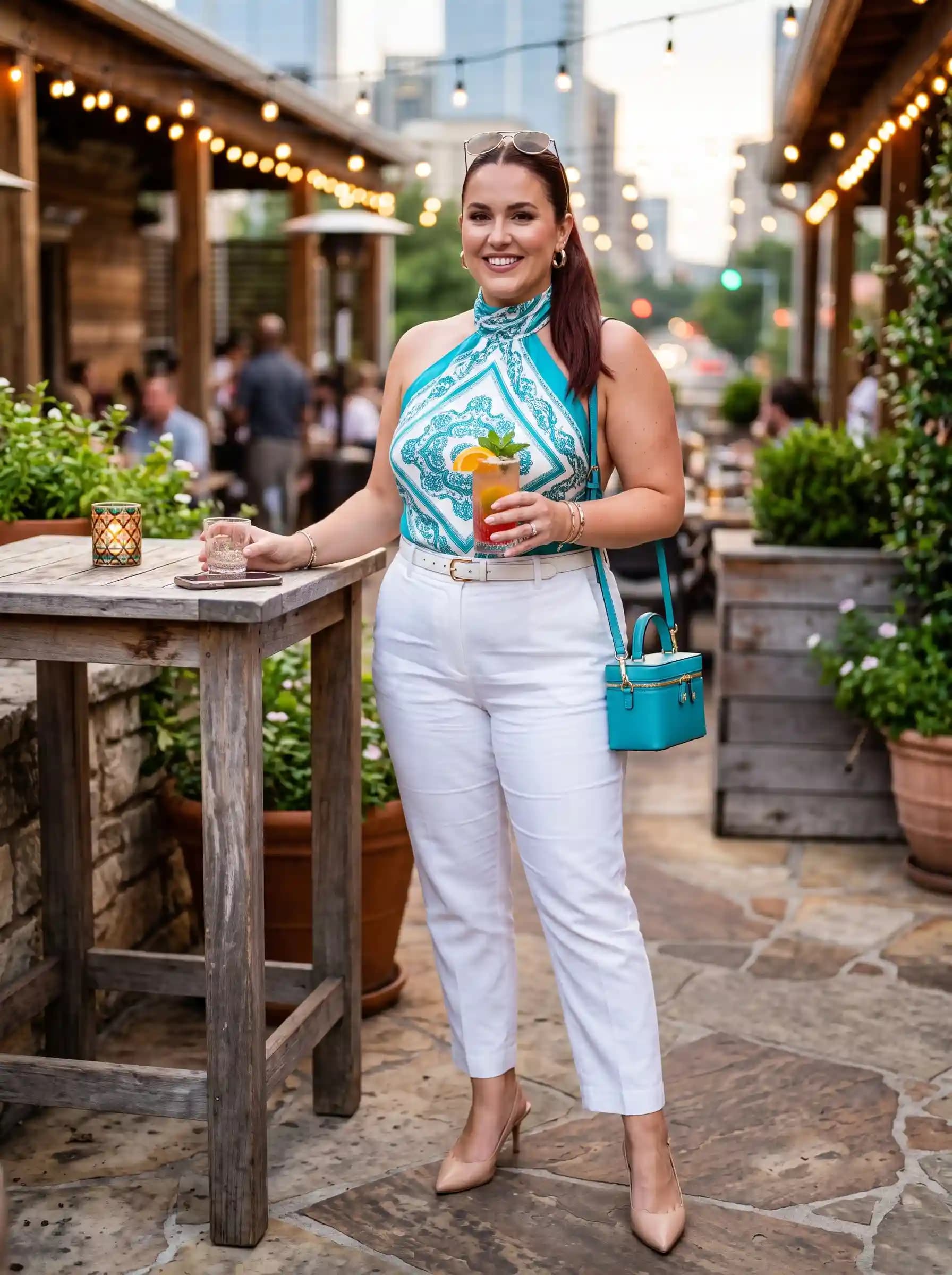 Teal Bandana-Print Halter Top + White Cropped Trousers