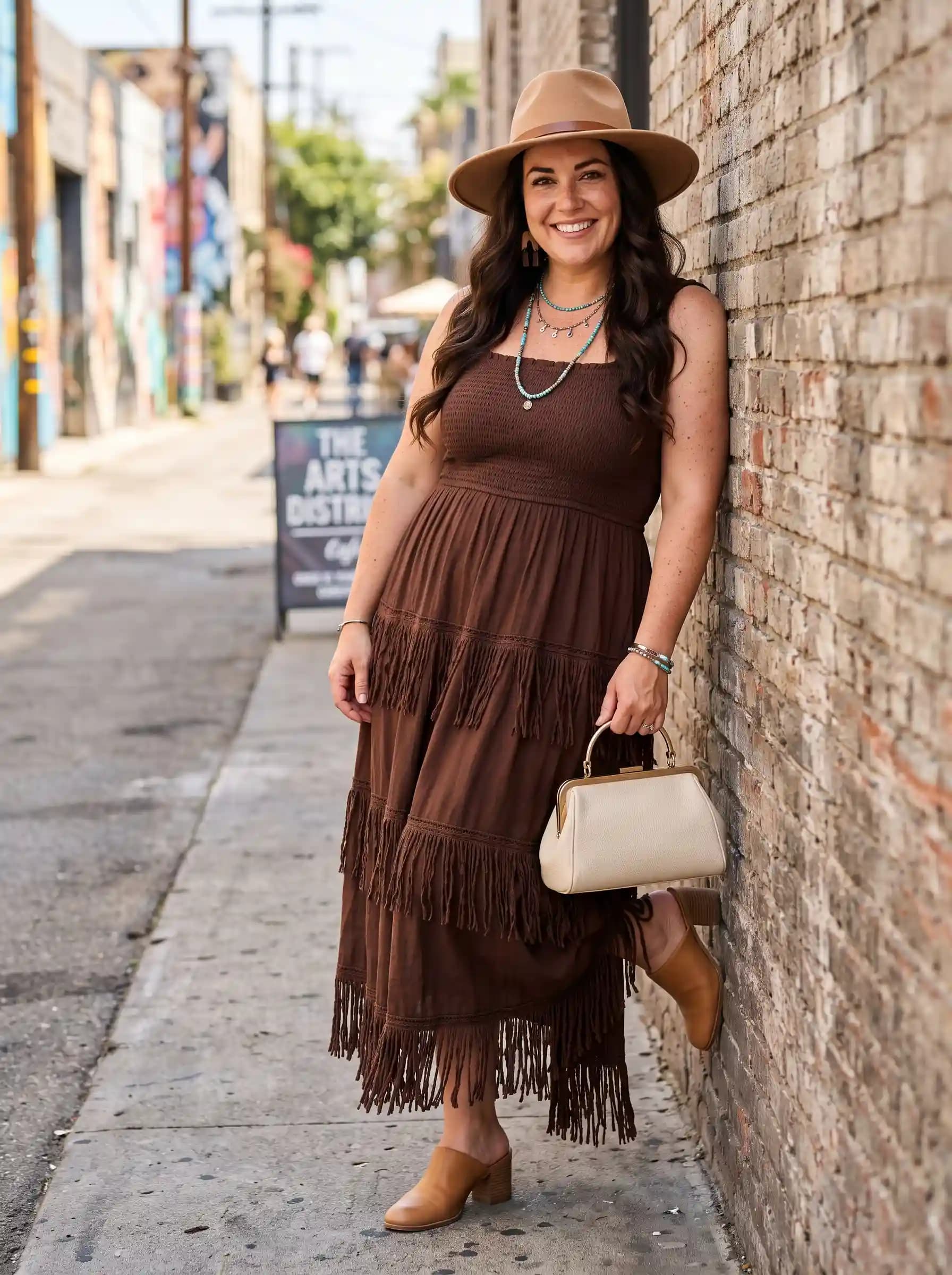 Brown Smocked Bandeau + Brown Tiered Fringe Maxi Skirt
