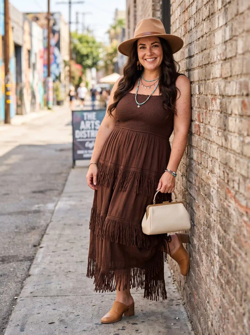 Brown Smocked Bandeau + Brown Tiered Fringe Maxi Skirt