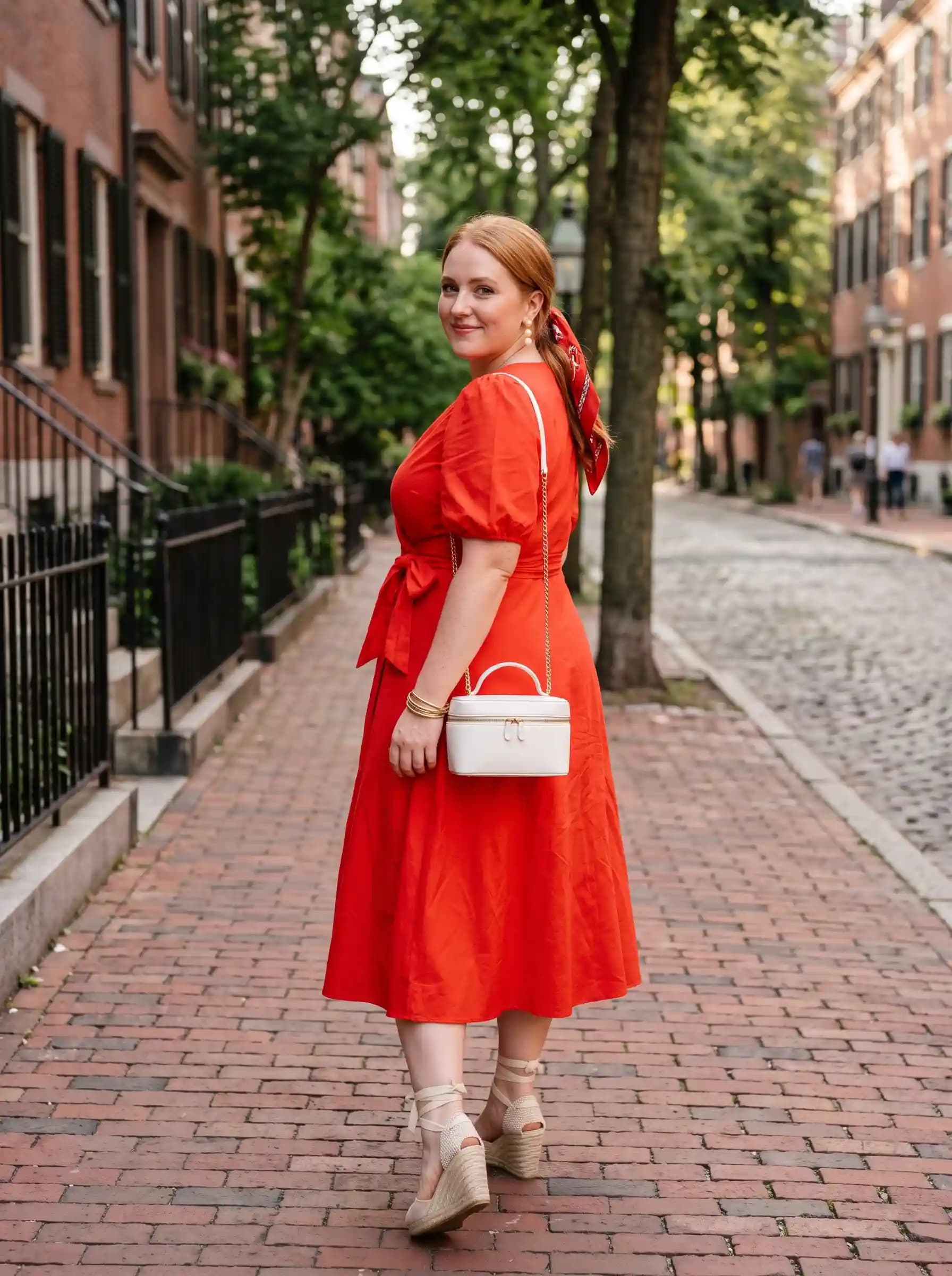 Red Puff Sleeve Midi Dress + Cream Espadrille Wedges