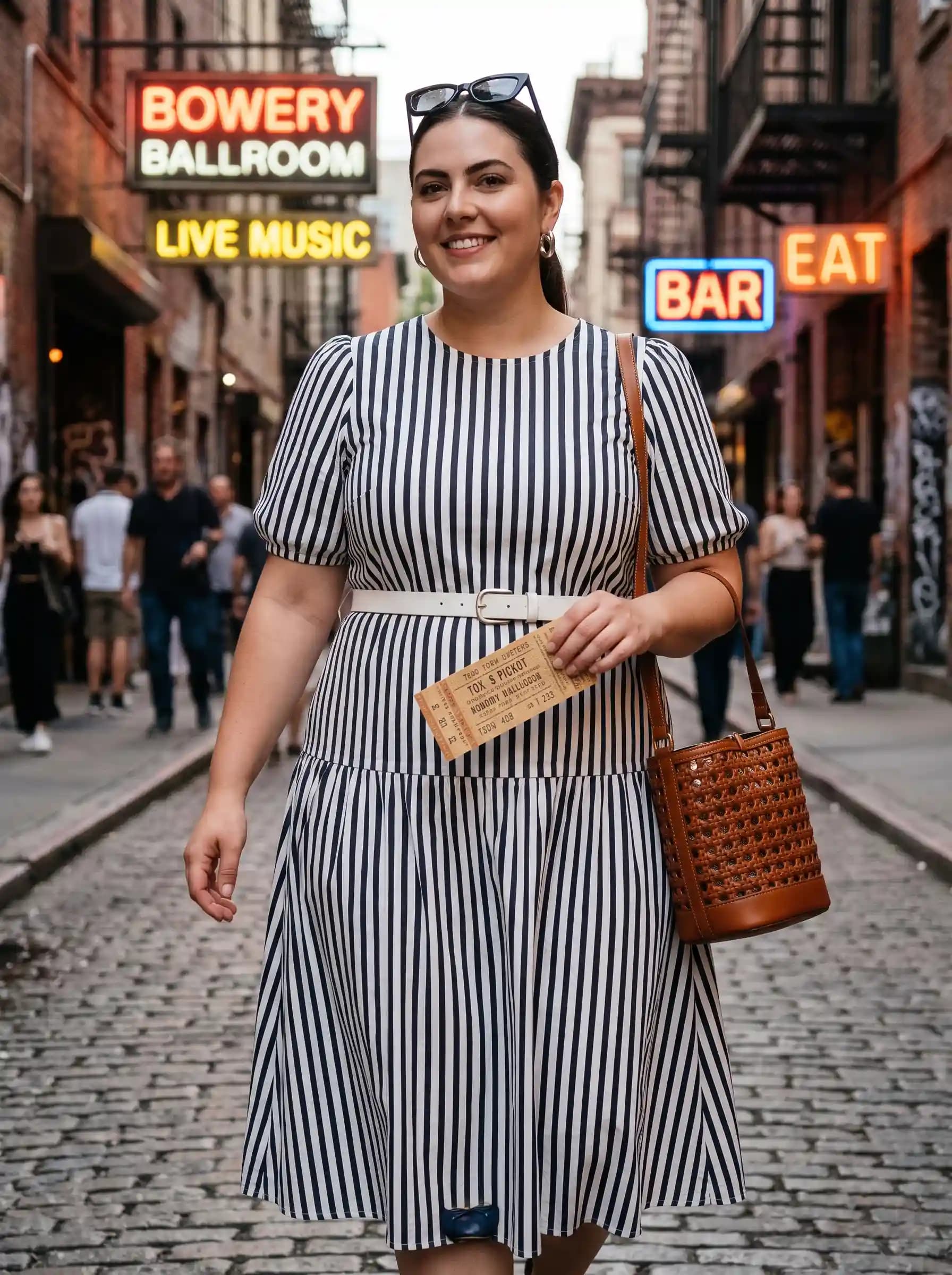 Black and White Striped Puff Sleeve Midi Dress + White Belt