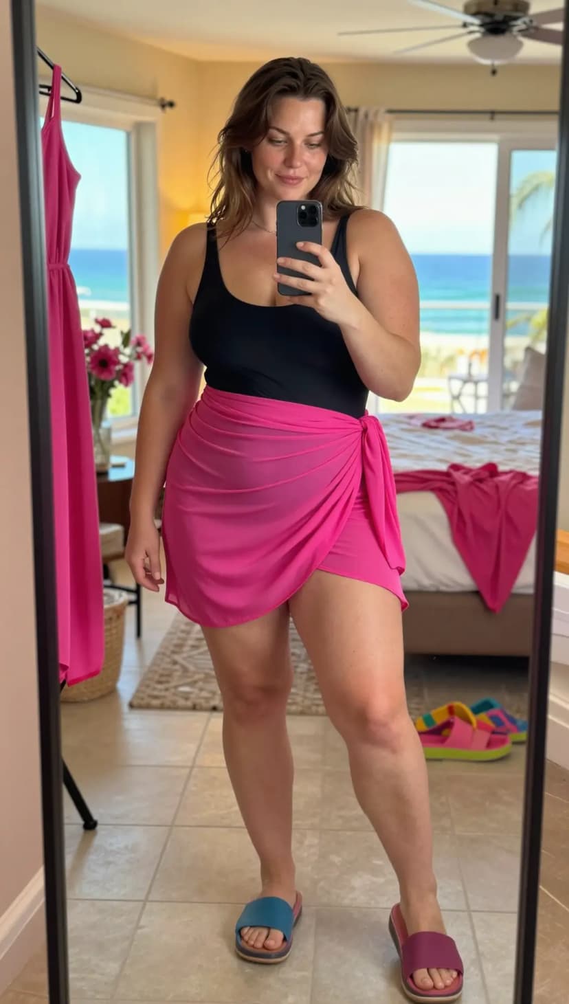 Black Tank Bodysuit + Hot Pink Chiffon Sarong Skirt + Blue and Pink Platform Slides