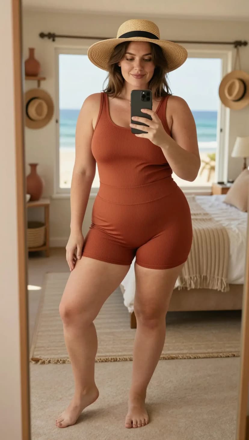 Terracotta Ribbed Knit Tank + Terracotta Ribbed Knit Shorts + Straw Sun Hat