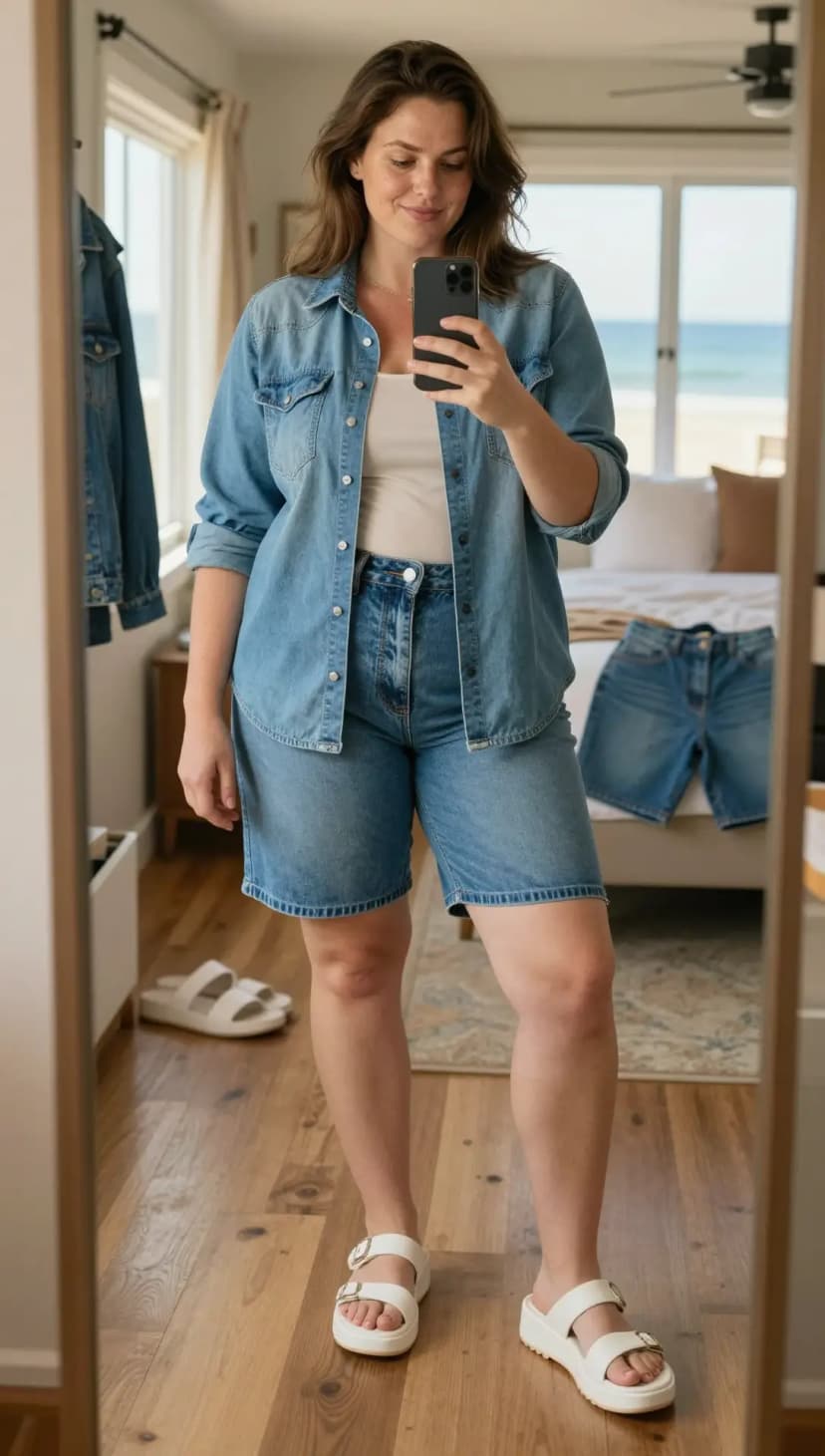 Light Wash Denim Oversized Shirt + Light Wash Denim Mid-Rise Shorts + White Platform Sandals