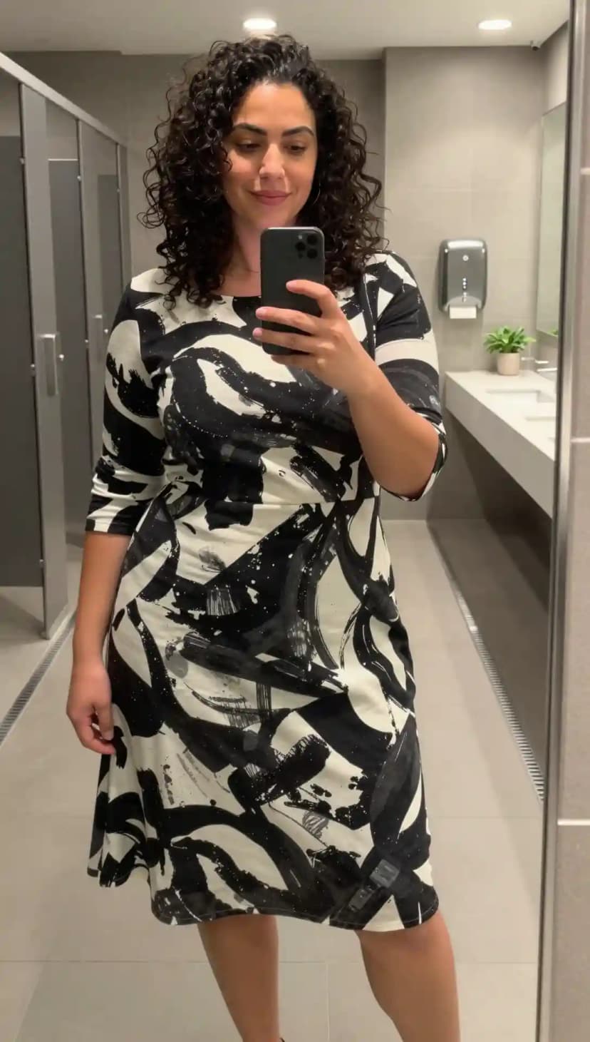 Black and White Brushstroke Print Jersey Midi Dress