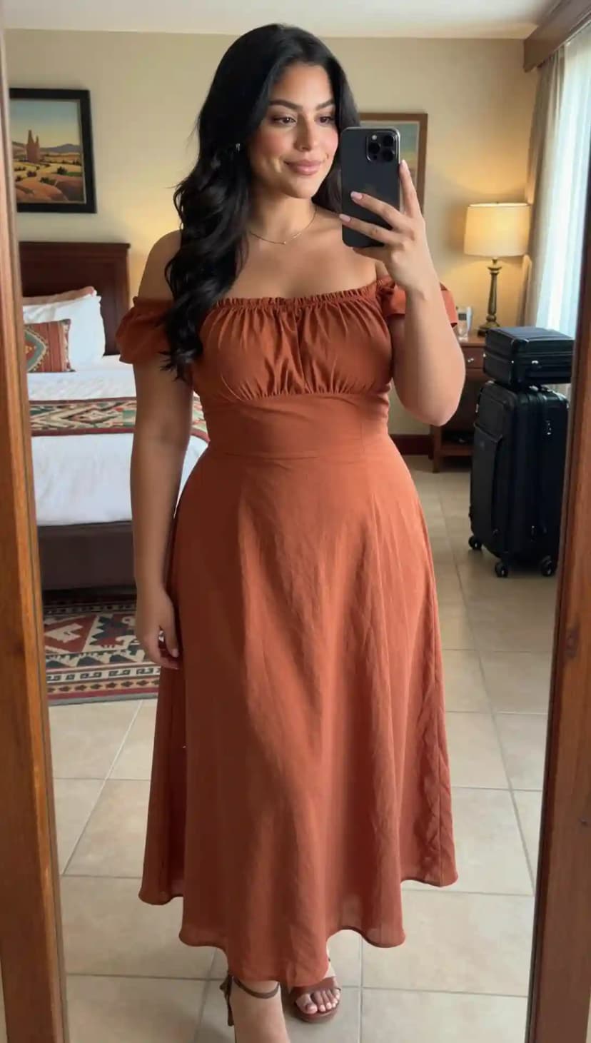 Rust Off-Shoulder Gauze Midi Dress