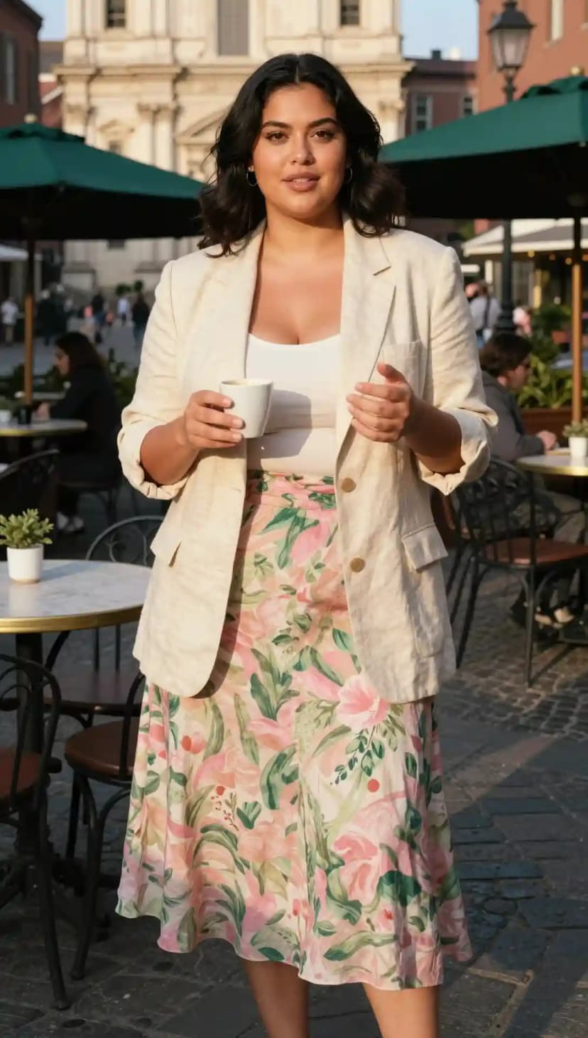 Cream Linen Blazer + White Tank Top + Pink Floral Print Midi Skirt