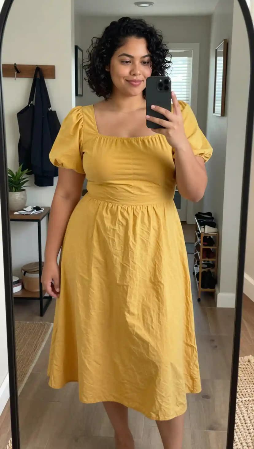 Mustard Cotton Puff Sleeve Dress