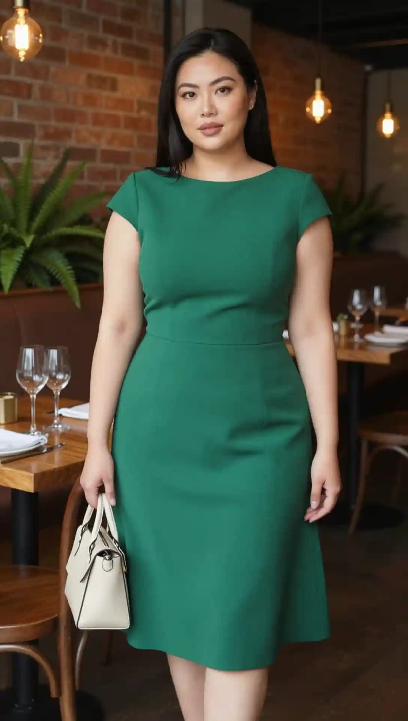 Green Crepe Cap Sleeve Dress + Cream Leather Top Handle Bag