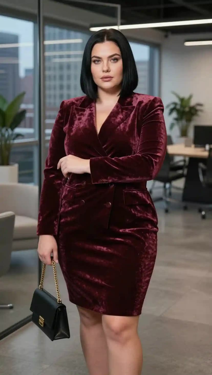 Burgundy Velvet Double-Breasted Blazer + Burgundy Velvet Sheath Dress